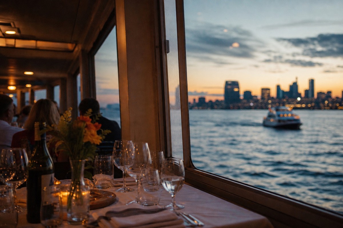 Set dinner table beside a window on a San Diego Bay dinner cruise at dusk