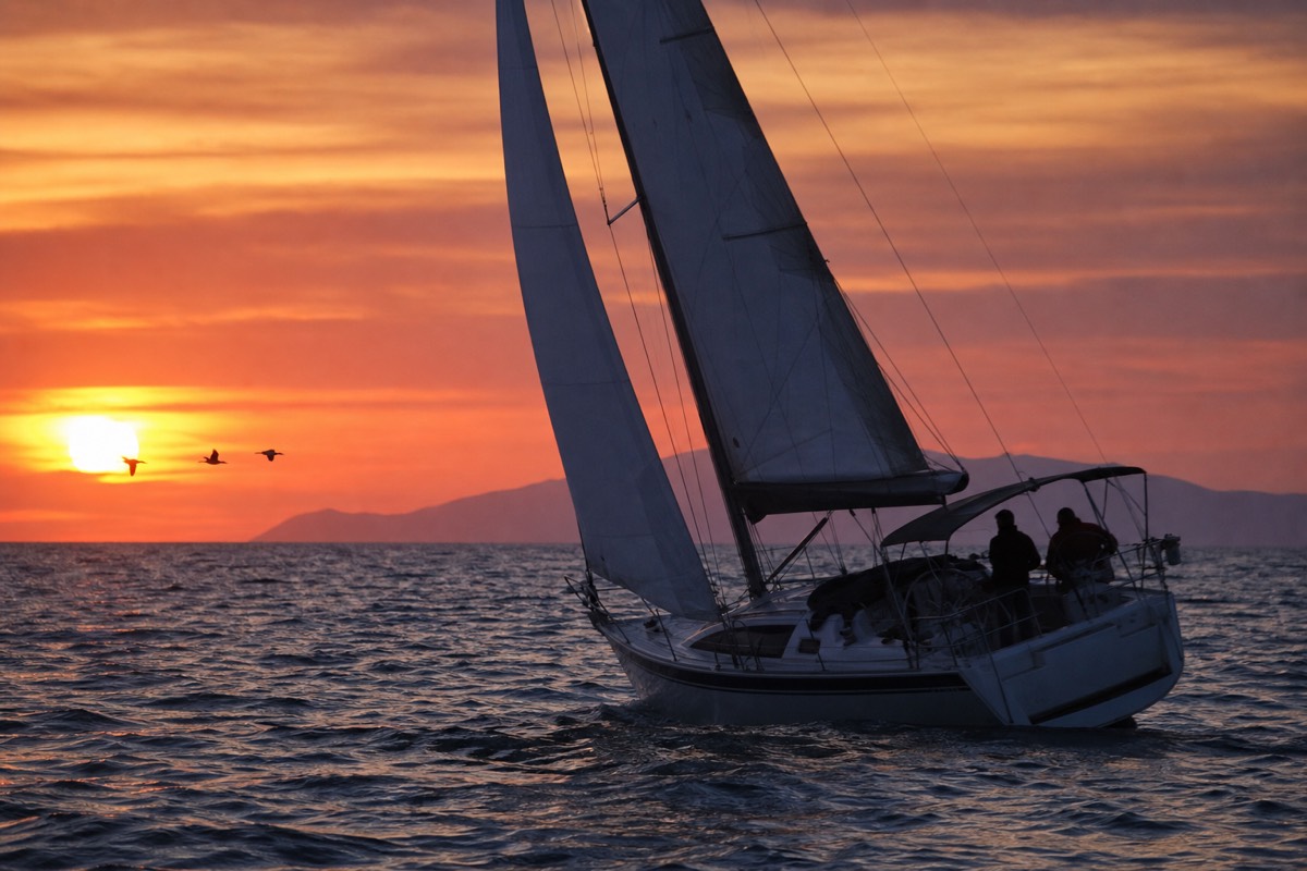 Sailing yacht silhouetted against an orange Pacific sunset off San Diego