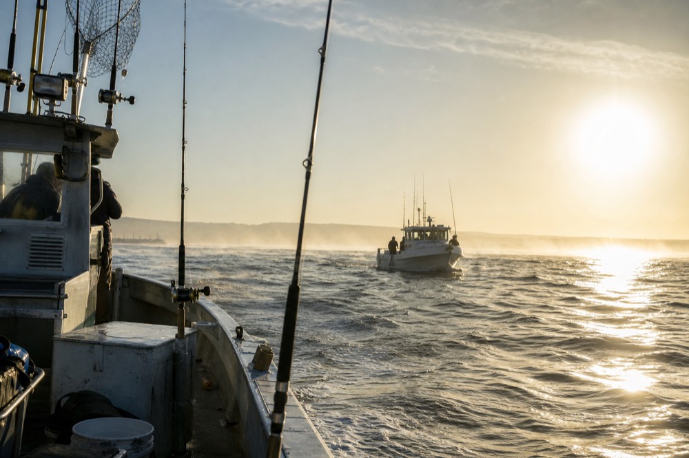 Morning mist and afternoon glare over open water off San Diego at golden hour, long shadows and warm low light